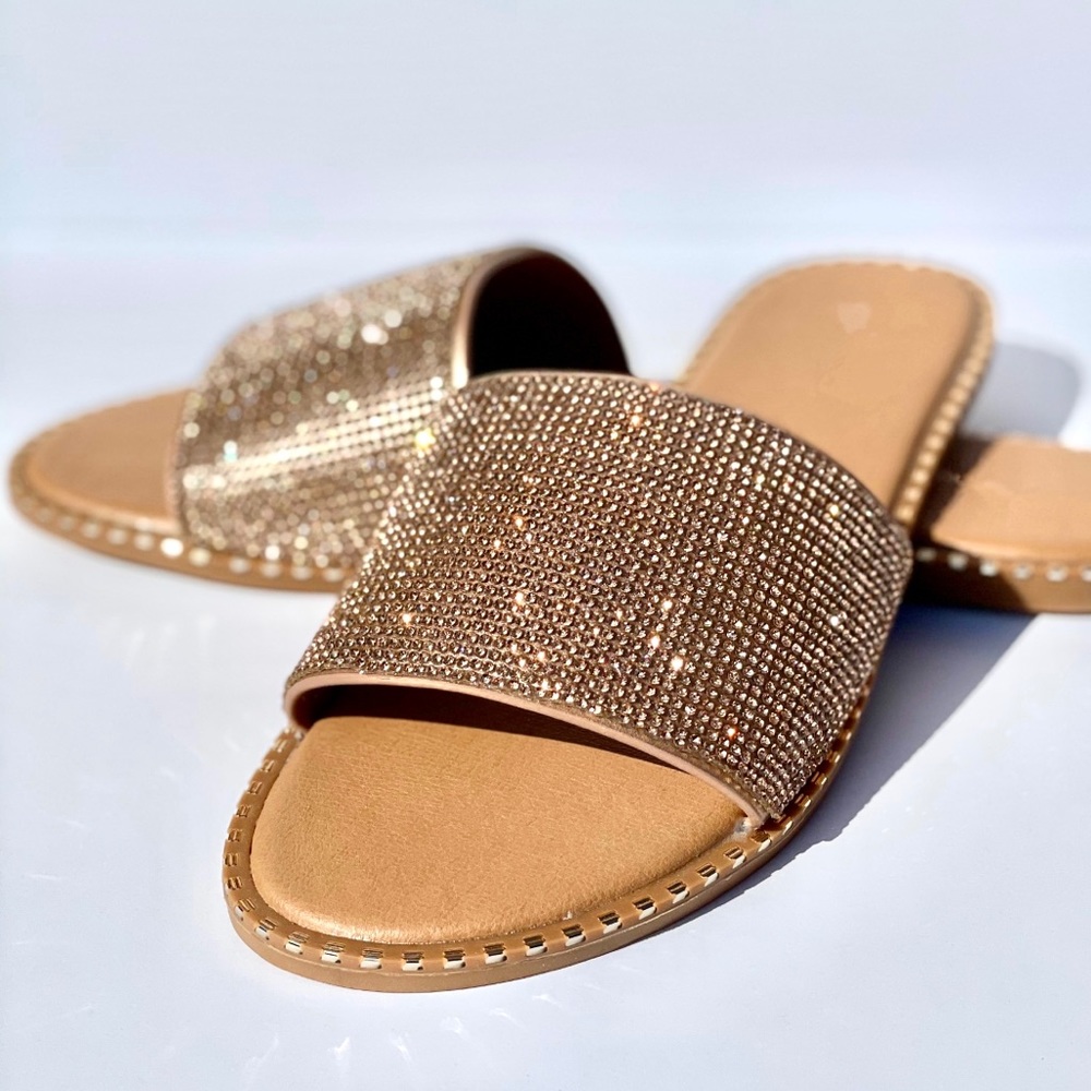 Rose Gold Rhinestone Flat Sandals - Picture 5 of 7